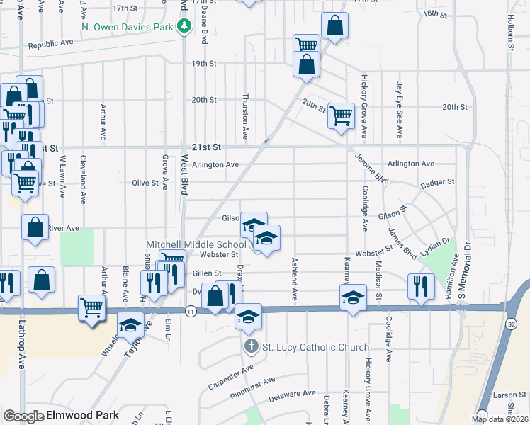 map of restaurants, bars, coffee shops, grocery stores, and more near 2624 Bate Street in Racine