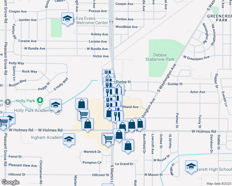 map of restaurants, bars, coffee shops, grocery stores, and more near 3015 South Martin Luther King Junior Boulevard in Lansing