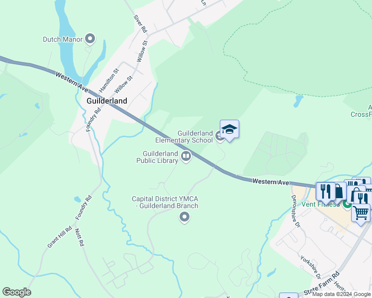 map of restaurants, bars, coffee shops, grocery stores, and more near Western Avenue in Guilderland