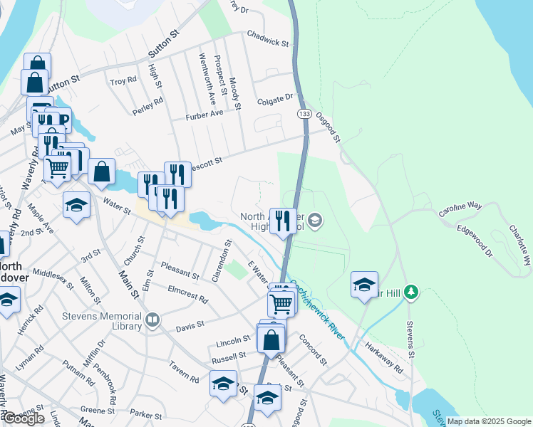 map of restaurants, bars, coffee shops, grocery stores, and more near 5 Walker Road in North Andover