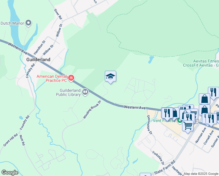 map of restaurants, bars, coffee shops, grocery stores, and more near Winding Brook Dr in Guilderland