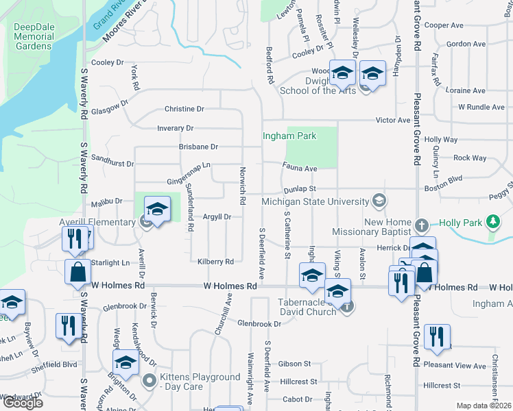 map of restaurants, bars, coffee shops, grocery stores, and more near 3122 Dunlap Street in Lansing