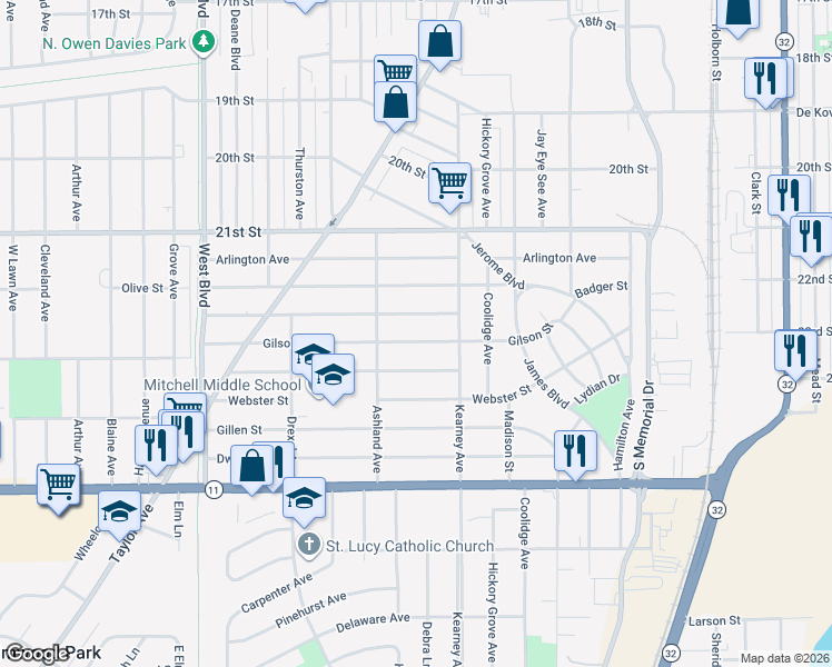 map of restaurants, bars, coffee shops, grocery stores, and more near 2418 Bate Street in Racine