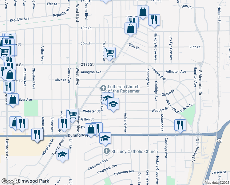 map of restaurants, bars, coffee shops, grocery stores, and more near 2624 Bate Street in Racine