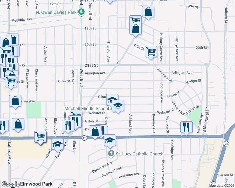 map of restaurants, bars, coffee shops, grocery stores, and more near 2624 Bate Street in Racine