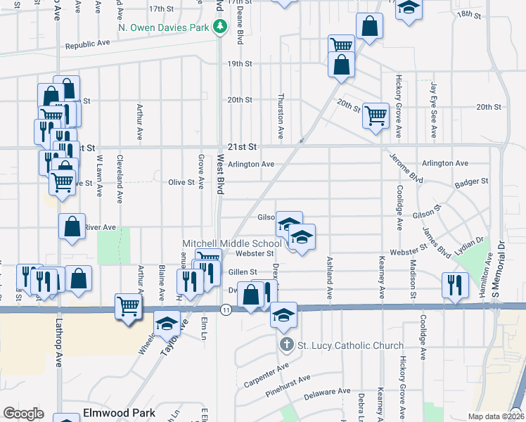 map of restaurants, bars, coffee shops, grocery stores, and more near 2800 Bate Street in Racine
