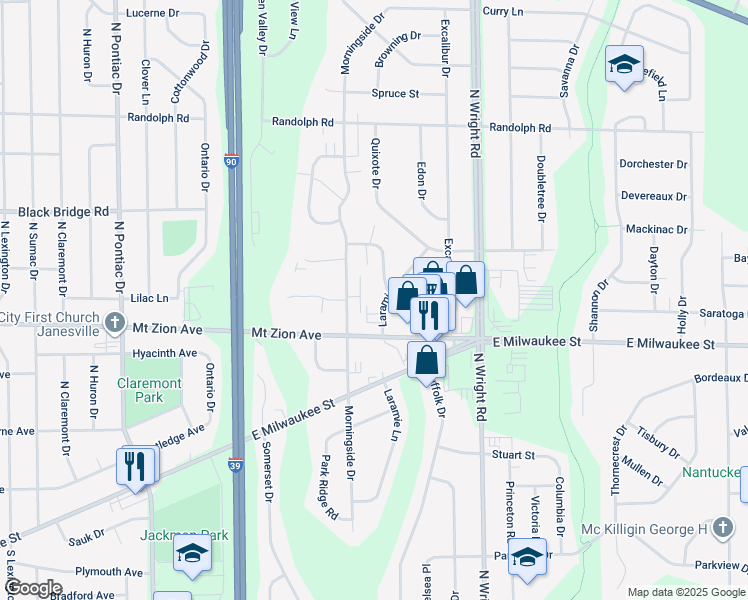 map of restaurants, bars, coffee shops, grocery stores, and more near 1410 Morningside Drive in Janesville