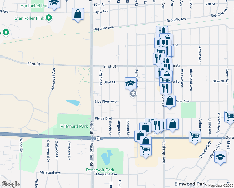 map of restaurants, bars, coffee shops, grocery stores, and more near 2408 Oregon Street in Racine