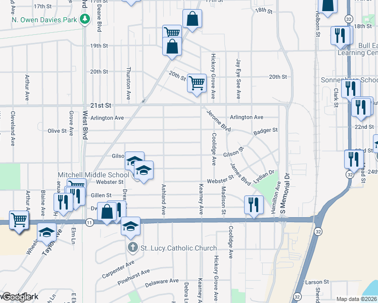 map of restaurants, bars, coffee shops, grocery stores, and more near 2316 Bate Street in Racine