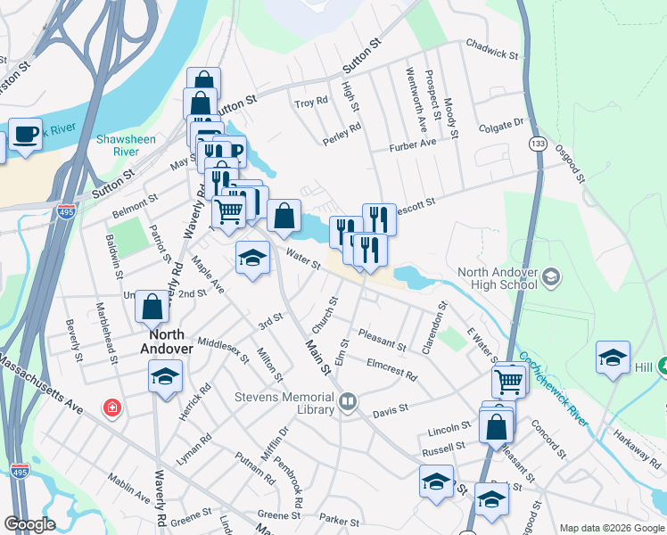 map of restaurants, bars, coffee shops, grocery stores, and more near 36 High Street in North Andover