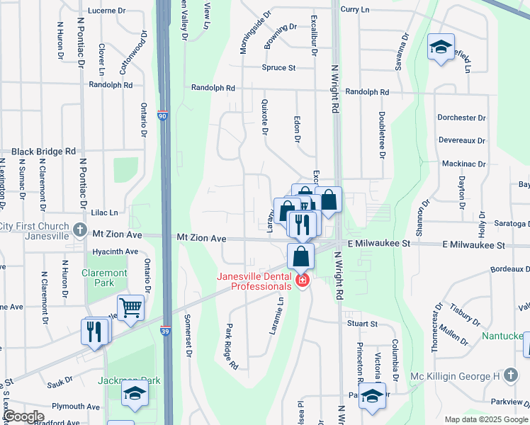 map of restaurants, bars, coffee shops, grocery stores, and more near 1335 Laramie Lane in Janesville