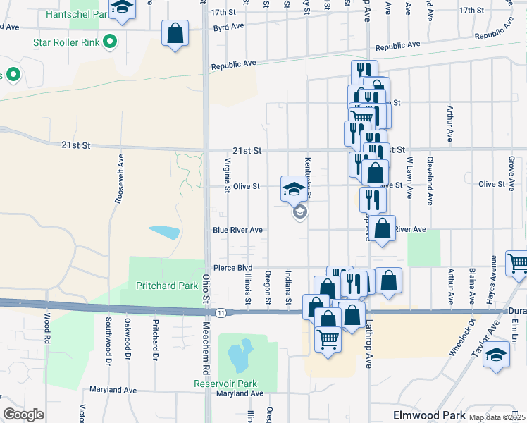 map of restaurants, bars, coffee shops, grocery stores, and more near 2406 Oregon Street in Racine