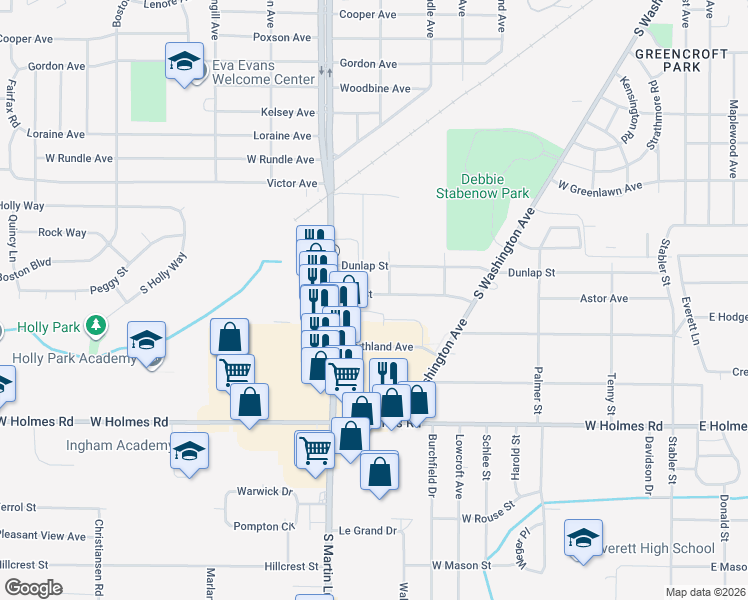 map of restaurants, bars, coffee shops, grocery stores, and more near 915 Dunlap Street in Lansing