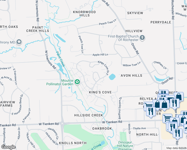 map of restaurants, bars, coffee shops, grocery stores, and more near 1395 Crescent Lane in Rochester Hills