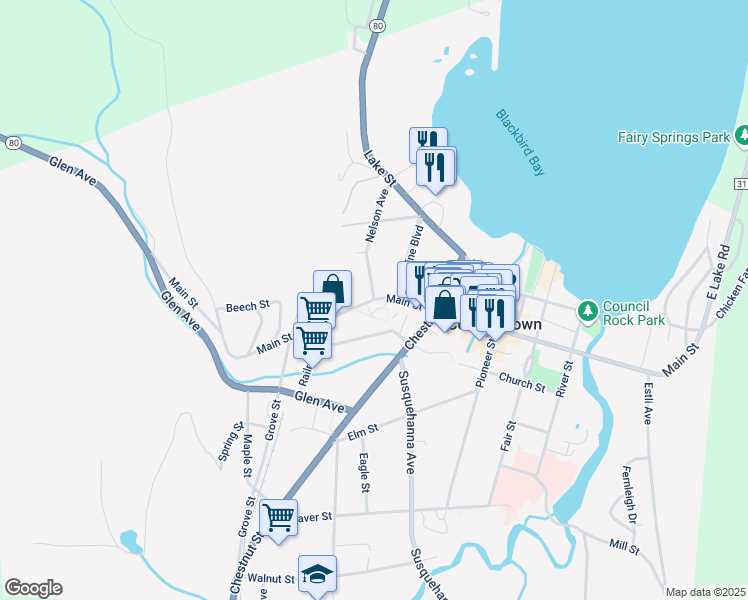 map of restaurants, bars, coffee shops, grocery stores, and more near 193 Main Street in Cooperstown