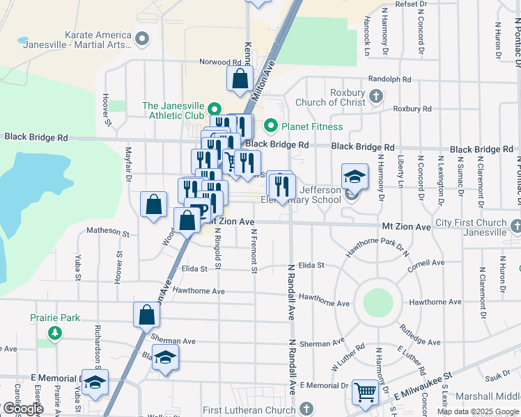 map of restaurants, bars, coffee shops, grocery stores, and more near 1407 Creston Park Drive in Janesville
