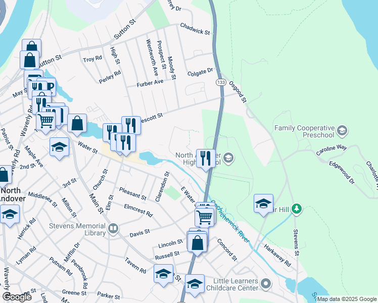 map of restaurants, bars, coffee shops, grocery stores, and more near 5 Walker Road in North Andover