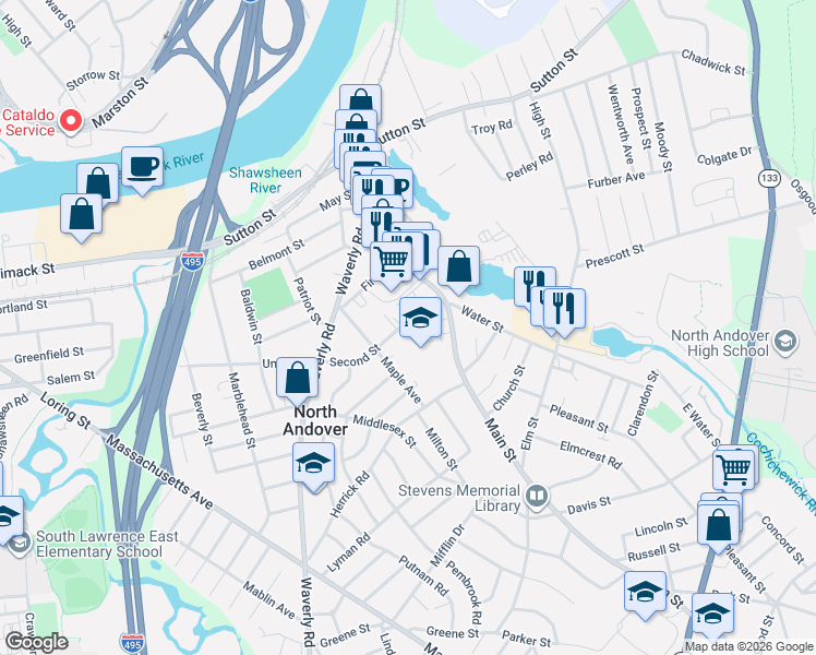 map of restaurants, bars, coffee shops, grocery stores, and more near 28 School Street in North Andover