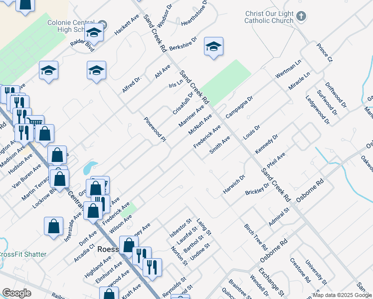 map of restaurants, bars, coffee shops, grocery stores, and more near 89 McNutt Avenue in Albany