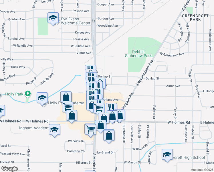 map of restaurants, bars, coffee shops, grocery stores, and more near 915 Dunlap Street in Lansing