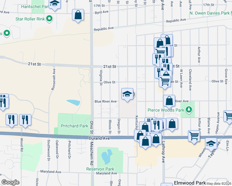 map of restaurants, bars, coffee shops, grocery stores, and more near 2316 Oregon Street in Racine