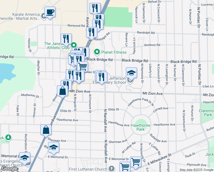 map of restaurants, bars, coffee shops, grocery stores, and more near 1620 Creston Park Drive in Janesville