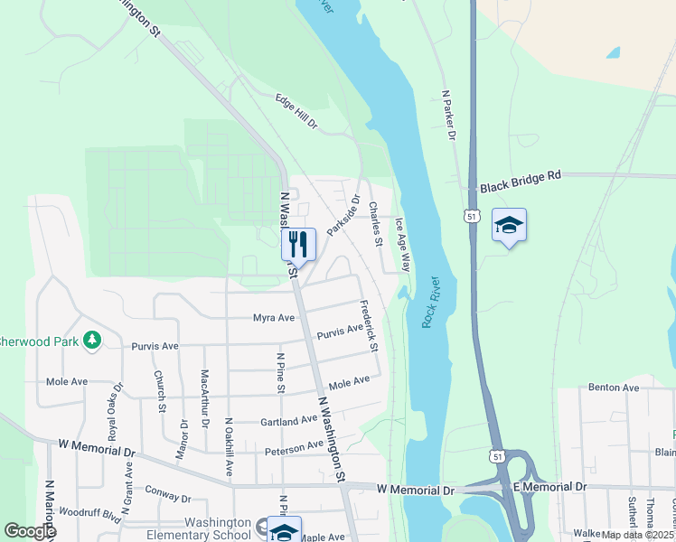 map of restaurants, bars, coffee shops, grocery stores, and more near 1326 Hamilton Avenue in Janesville