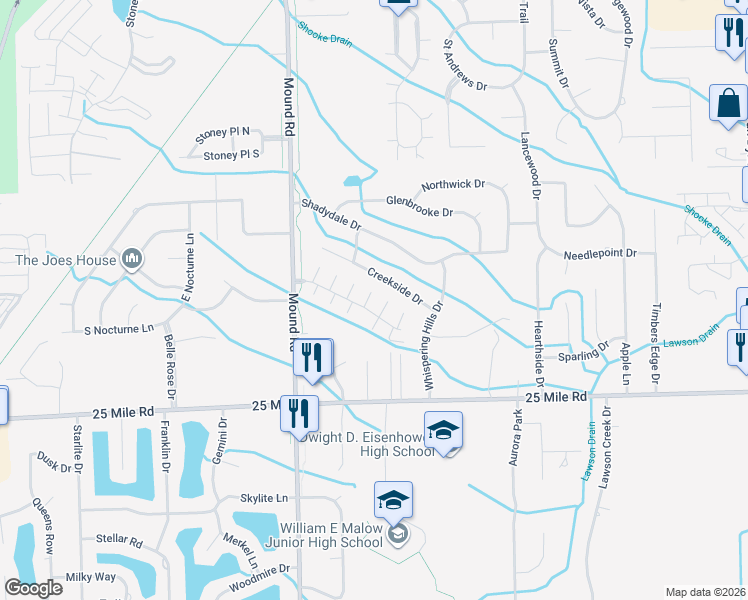 map of restaurants, bars, coffee shops, grocery stores, and more near 6347 Creekside Drive in Macomb County