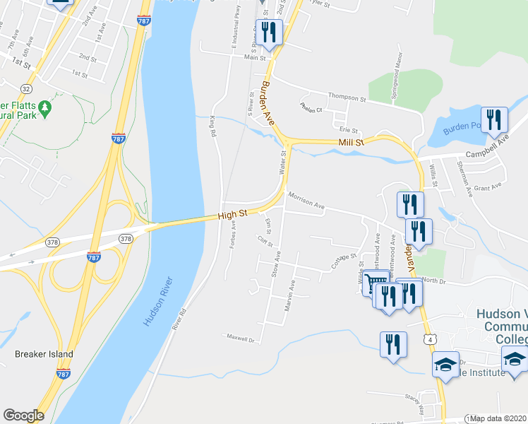 map of restaurants, bars, coffee shops, grocery stores, and more near Burke Street & Elm Street in Troy