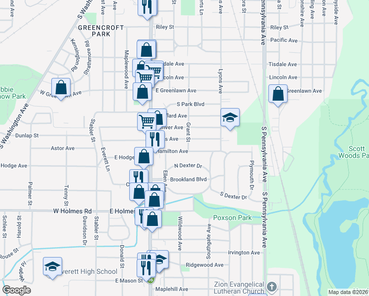map of restaurants, bars, coffee shops, grocery stores, and more near 567 Hamilton Avenue in Lansing
