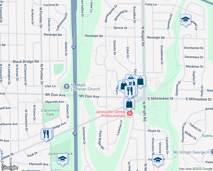 map of restaurants, bars, coffee shops, grocery stores, and more near 1410 Morningside Drive in Janesville