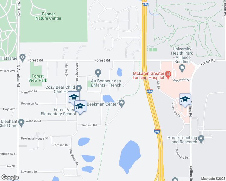 map of restaurants, bars, coffee shops, grocery stores, and more near 2907 Trudy Lane in Lansing