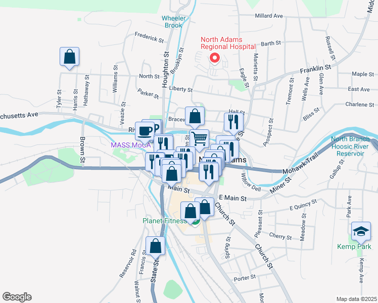 map of restaurants, bars, coffee shops, grocery stores, and more near 90 Holden Street in North Adams