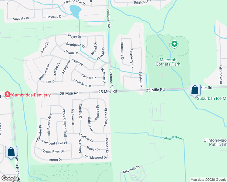 map of restaurants, bars, coffee shops, grocery stores, and more near 25 Mile Road in Macomb