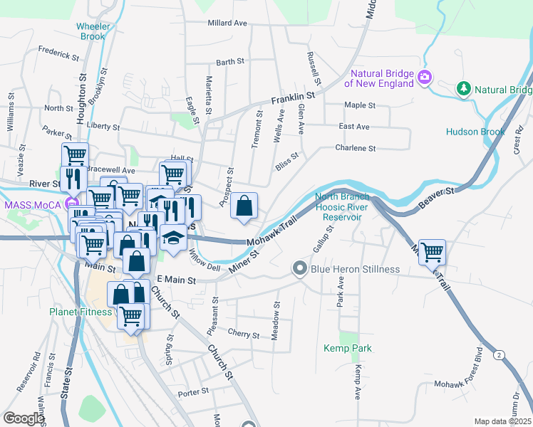 map of restaurants, bars, coffee shops, grocery stores, and more near 44 Montgomery Street in North Adams
