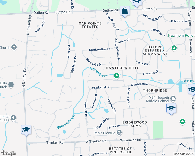 map of restaurants, bars, coffee shops, grocery stores, and more near 1624 Wakefield Court in Rochester Hills