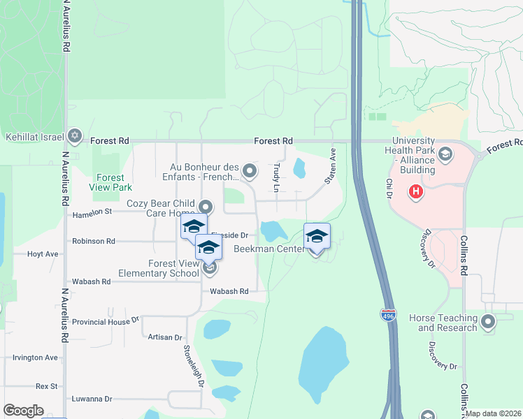 map of restaurants, bars, coffee shops, grocery stores, and more near 2801 Staten Avenue in Lansing