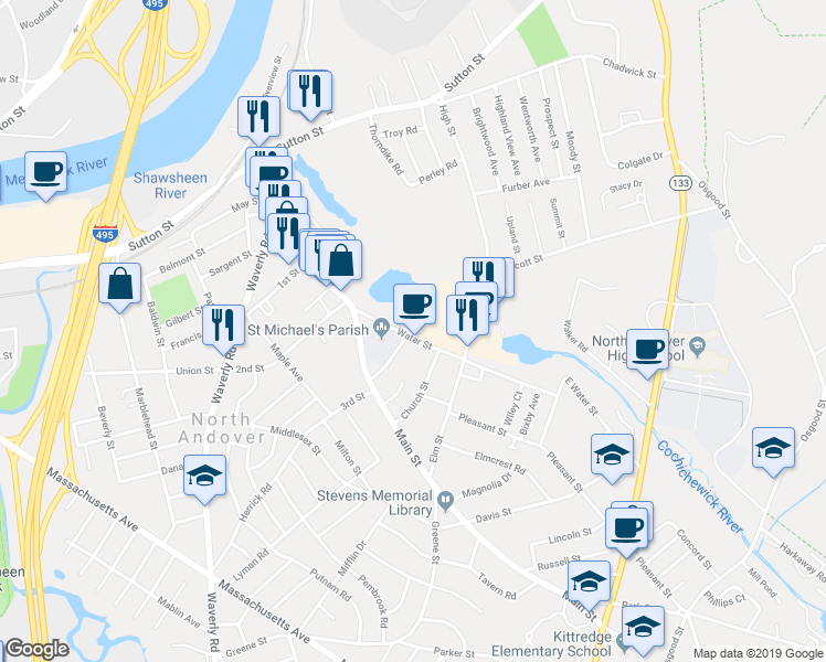 map of restaurants, bars, coffee shops, grocery stores, and more near 36 High Street in North Andover