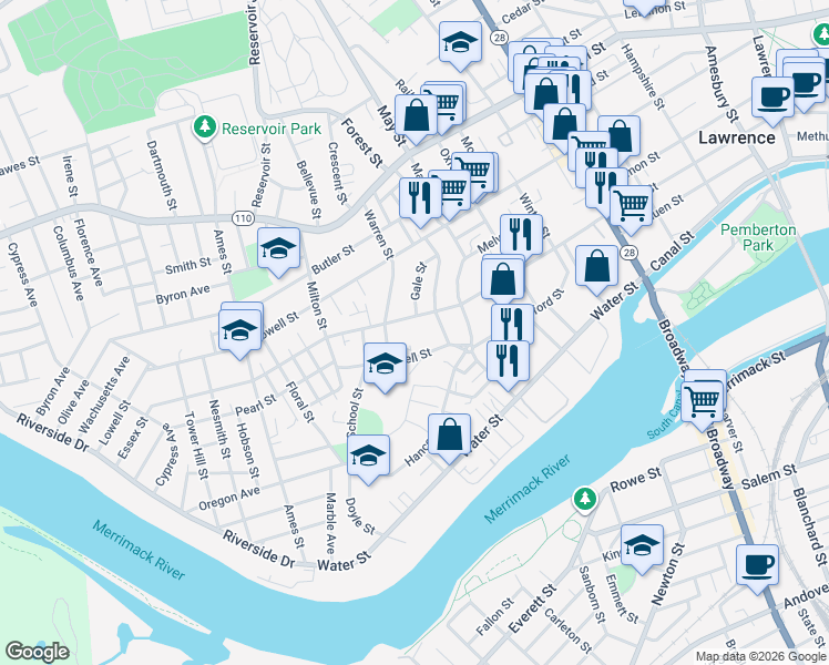 map of restaurants, bars, coffee shops, grocery stores, and more near 788 Essex Street in Lawrence