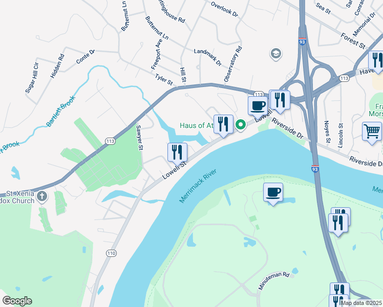 map of restaurants, bars, coffee shops, grocery stores, and more near 487 Lowell Street in Methuen