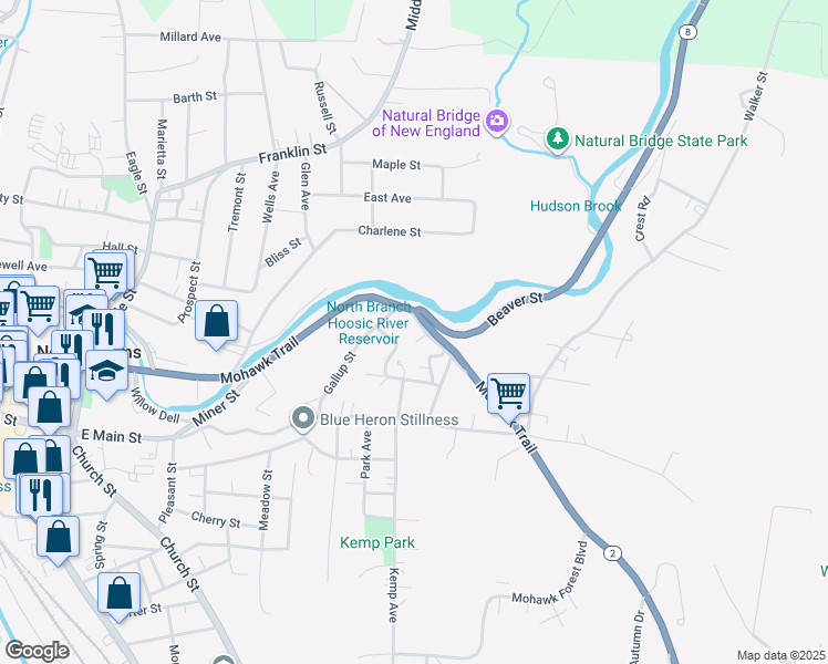 map of restaurants, bars, coffee shops, grocery stores, and more near 467-473 Mohawk Trail in North Adams