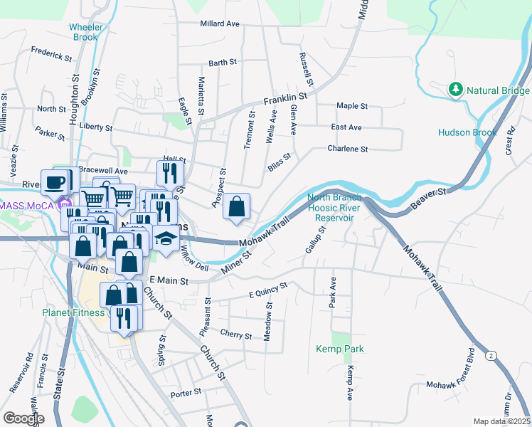 map of restaurants, bars, coffee shops, grocery stores, and more near 73 Cliff Street in North Adams