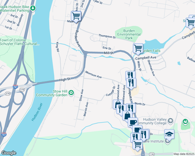 map of restaurants, bars, coffee shops, grocery stores, and more near 6-11 Morrison Avenue in Troy