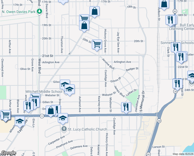 map of restaurants, bars, coffee shops, grocery stores, and more near 2316 Bate Street in Racine