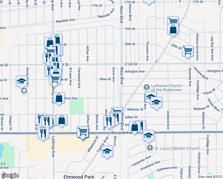 map of restaurants, bars, coffee shops, grocery stores, and more near 2318 Grove Avenue in Racine