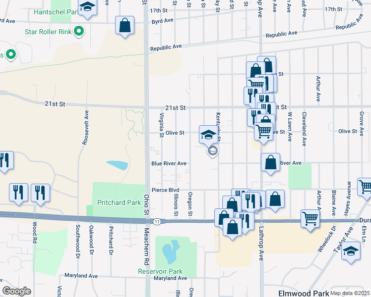 map of restaurants, bars, coffee shops, grocery stores, and more near 2316 Oregon Street in Racine