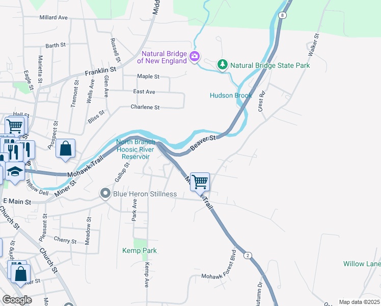 map of restaurants, bars, coffee shops, grocery stores, and more near 88 Beaver Street in North Adams