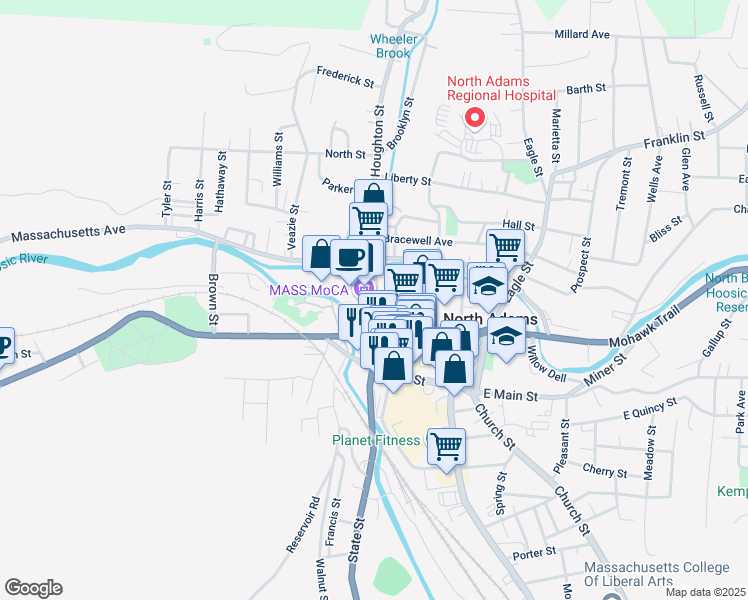 map of restaurants, bars, coffee shops, grocery stores, and more near 98 Marshall St in North Adams