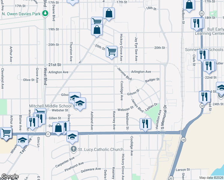 map of restaurants, bars, coffee shops, grocery stores, and more near 2316 Bate Street in Racine