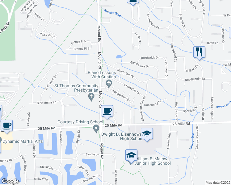 map of restaurants, bars, coffee shops, grocery stores, and more near 6391 Windemere Drive in Shelby charter Township